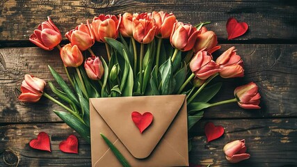 Poster - This Pink tulips encircle a brown envelope with a red heart, ideal for showing love.