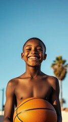 Wall Mural - Teenage boy with dark skin, buzz cut, and a wide smile, playing basketball on an outdoor court, urban setting with bright sunlight and clear blue sky