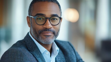 Wall Mural - Middle aged Black man in his 40s, wearing glasses and a suit jacket, looking confidently into the camera, blurred office backdrop