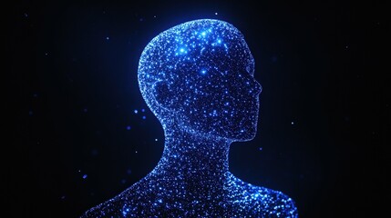 Luminous silhouette of a person made of stars, cosmic tones of blue and white, space like background