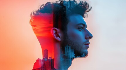 Wall Mural - Modern double exposure portrait of a young man combined with cityscape and gradient overlay, futuristic art concept with minimalistic design,