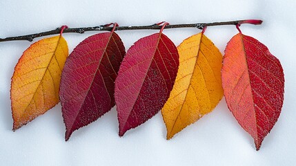 Poster - Five autumn leaves on a branch in the snow.