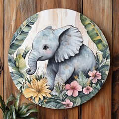 cute baby elephant in tropical leaves.