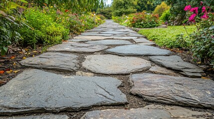 Poster - Serene Stone Pathway Through Lush Garden Surrounded by Colorful Flowers