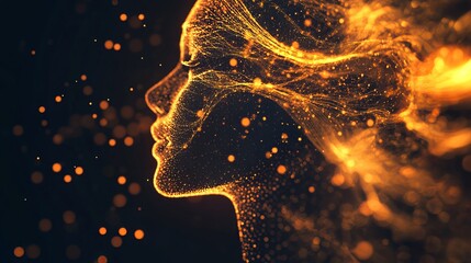 Wall Mural - the image showcases a woman's visage crafted from luminous particles, surrounded by radiating light 