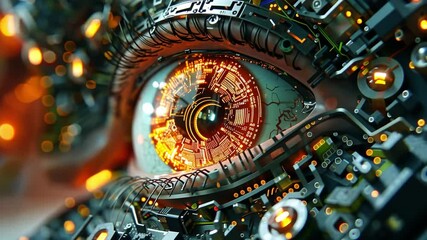 Leinwandbilder - A close-up view reveals a detailed eye design integrated with complex circuitry and glowing elements.