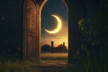 3D rendering of a crescent moon in the night sky, seen through an open door. The scene is set inside an old castle, with soft lighting and a dreamy atmosphere. In front, there's a grassy field, creati