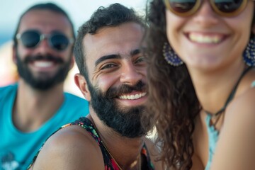 Wall Mural - Group of friends having fun on the beach, smiling and having fun