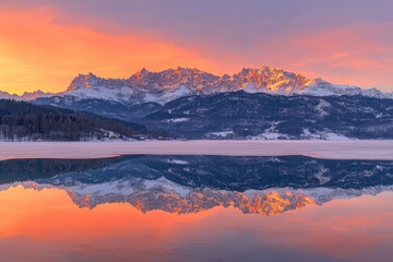 A breathtaking sunset over the majestic Alps, reflecting on mirror-like lake water with snow-covered peaks in the background. The vibrant colors of orange and pink paint across sky add to the scene's