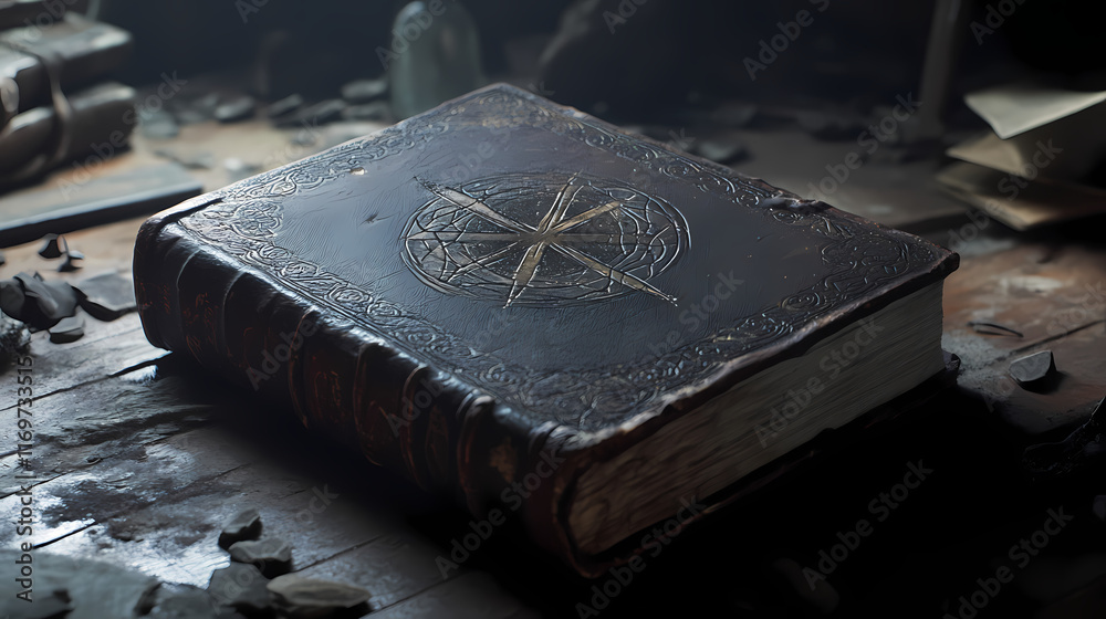 A mysterious grimoire bound in ancient leather, its pages filled with ...