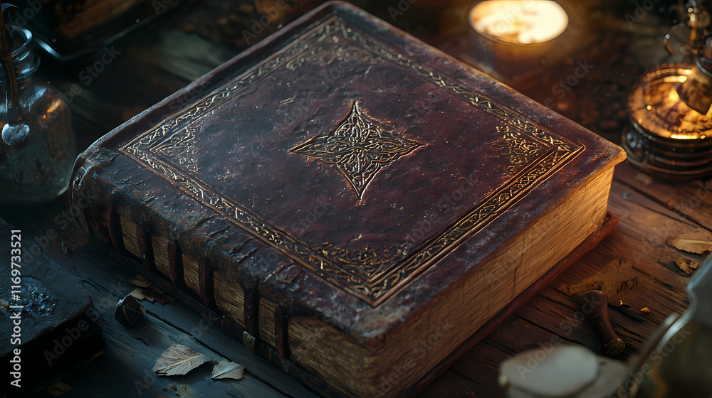 A mysterious grimoire bound in ancient leather, its pages filled with ...