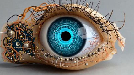 Leinwandbilder - A detailed depiction of an eye integrates advanced circuit and digital elements within the natural anatomy.