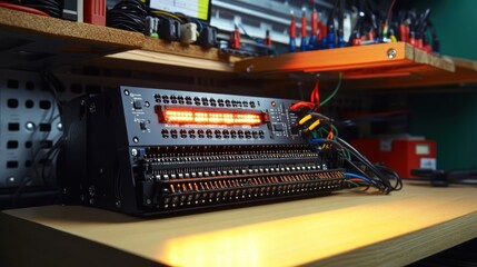 Aufkleber - a detailed view of a programmable logic controller plc with lit indicators surrounded by a backdrop 