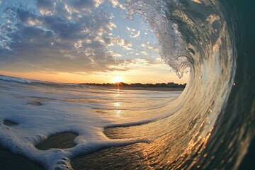 Wall Mural - A wave breaking in the ocean at sunrise with a blue sky and clouds in the background, captured with a wide-angle lens. utilizing natural light and a low depth of field. The image features beautiful 