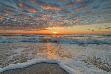 Wall Mural - A wave breaking in the ocean at sunrise with a blue sky and clouds in the background, captured with a wide-angle lens. utilizing natural light and a low depth of field. The image features beautiful 