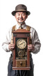 © sabyna75 - Vintage clock restorer holding antique timepiece in studio setting