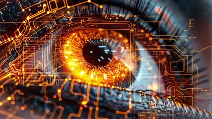 Leinwandbilder - A close-up view reveals a mesmerizing eye infused with glowing circuits and intricate patterns. The combination of organic and technological elements symbolizes the fusion of humanity and AI.