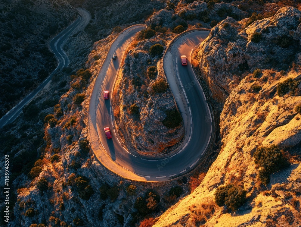 Aerial view of a winding road in the mountains at sunrise. A dramatic ...