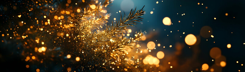 Wall Mural - Sparkling Christmas tree glowing against a dark, wintry backdrop for seasonal headers