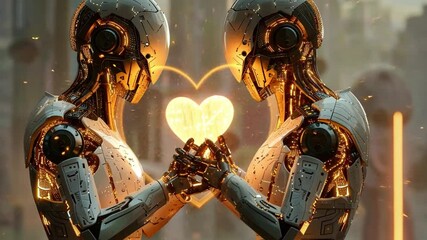 Poster - Two futuristic robots stand facing each other, their hands forming a heart shape with a glowing core.