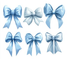 Sticker - Collection of hand-drawn blue ribbon bows for trendy girl accessories and hairstyles. Flat icons of bows for girly hair decoration, isolated ribbons.