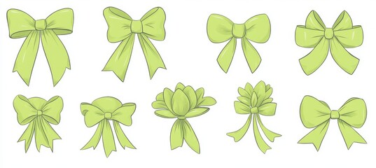 Sticker - A large collection of simple hand-drawn ribbon bows, featuring bowknots for decoration and a variety of cartoon bow ties, including retro illustrations and green gift ribbons.