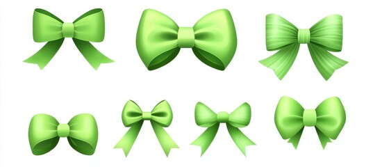 Sticker - A big set of hand-drawn ribbon bow illustrations, including a variety of cartoon bow knots and retro designs, perfect for decoration, with a focus on green gift ribbons.