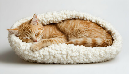 Wall Mural - Studio photo of a sweet cat curled under a soft blanket, isolated against a white backdrop