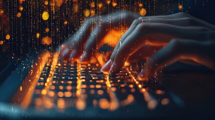 Sticker - Close-Up of Hands Typing on Keyboard with Digital Effects in Background