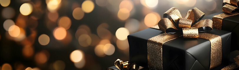 Wall Mural - Stylish black gift boxes adorned with golden bows, set against a blurred festive background