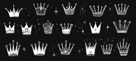 Canvas Print - A set of doodle crowns drawn by hand, showcasing princess crowns and queen tiaras, with basic line sketches of royal items for kings and queens, depicted in modern, isolated illustrations.