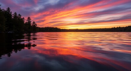 Sticker - Vibrant sunset over tranquil lake with dramatic clouds and reflections