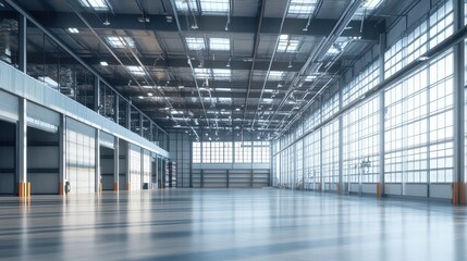  A spacious industrial warehouse interior featuring high ceilings and large windows, showcasing an empty commercial storage area with a clean, open layout.