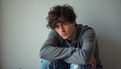 Canvas Print - A young man with tousled brown hair sits pensively against a light gray wall, exuding a sense of introspection. His casual gray sweater and distressed jeans enhance the relaxed yet contemplative mood