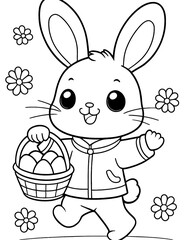 happy bunny with basket of eggs coloring page. ready to print on standard 8.5x11 inch paper