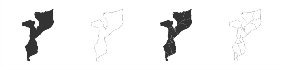 Mozambique set of three maps - solid map, outline map and map highlighting administrative divisions. Three distinct maps illustrate various representations of a geographical area.