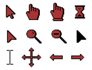 Poster - pixel art computer cursor icons in red and black, pixel art computer cursor icons set, cursor pointe