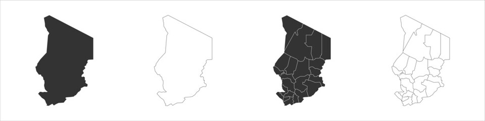 Chad set of three maps - solid map, outline map and map highlighting administrative divisions. Three distinct maps illustrate various representations of a geographical area.