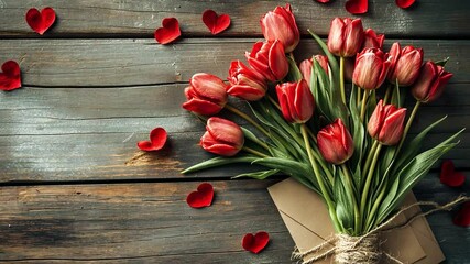 Poster - This vibrant bouquet of red tulips sits atop a rustic wooden table surrounded by heart shaped confetti.