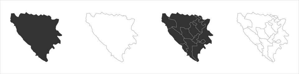 Wall Mural - Bosnia and Herzegovina set of three maps - solid map, outline map and map highlighting administrative divisions. Three distinct maps illustrate various representations of a geographical area.