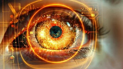 Leinwandbilder - Close-up of an eye featuring intricate circuit designs and glowing details representing artificial intelligence. The vibrant colors capture the essence of technology and innovation.
