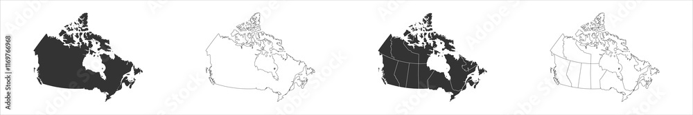 Canada set of three maps - solid map, outline map and map highlighting ...