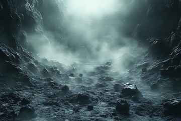 dark, misty, rocky chasm with light at the end.