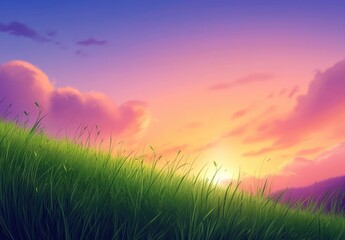 Wall Mural - Beautiful summer landscape with green grass on the mountain hill and a beautiful sunset sky over the mountains in the background, with copy space for text. high resolution.