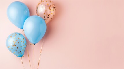 Wall Mural - Blue gold foil balloons on a pastel pink background card with copy space