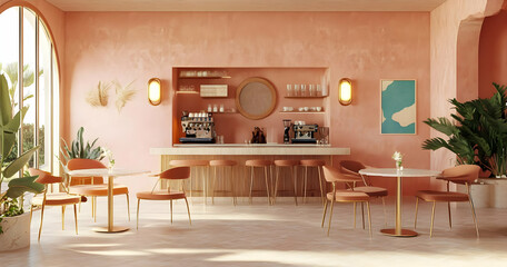 Wall Mural - Modern caf? interior with pink walls, stylish furniture, and a bar area. Work from home product