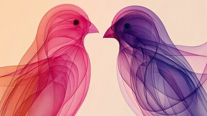 Poster - This Two stylized birds in shades of pink and purple face each other, symbolizing love and connection.