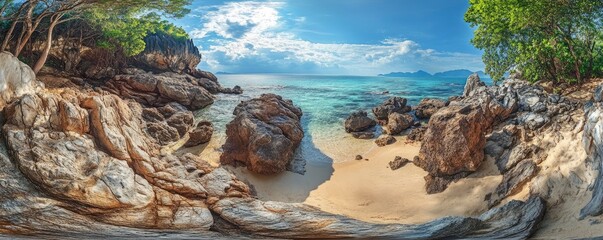 Wall Mural - Panoramic view of Phuket, Thailand, with the rocks and jungle island. the sky is blue, the sea water is turquoise in color, and the tropical beach landscape creates a summer vacation background 