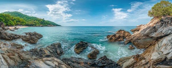 Wall Mural - Panoramic view of Phuket, Thailand, with the rocks and jungle island. the sky is blue, the sea water is turquoise in color, and the tropical beach landscape creates a summer vacation background 