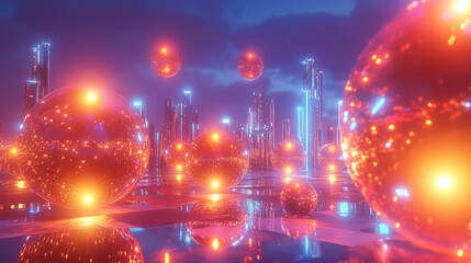 A breathtaking futuristic cityscape featuring towering skyscrapers glowing neon lights and vibrant reflections in the water